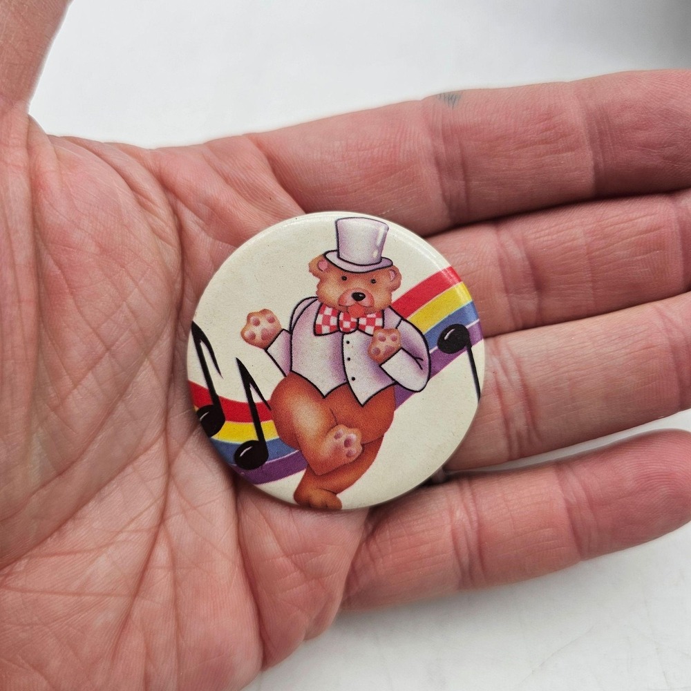Vintage Lisa Frank Style Teddy Bear Pinback Button Rainbow Music 1980s Top Hat